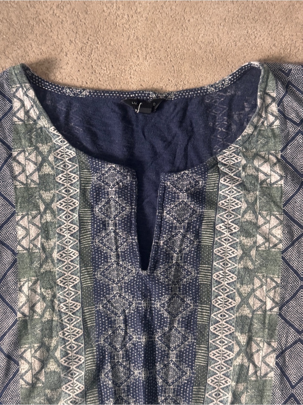 Lucky Brand Blue Green Boho Tie Front Top Large Tribal Print Short Sleeve - Picture 8 of 9
